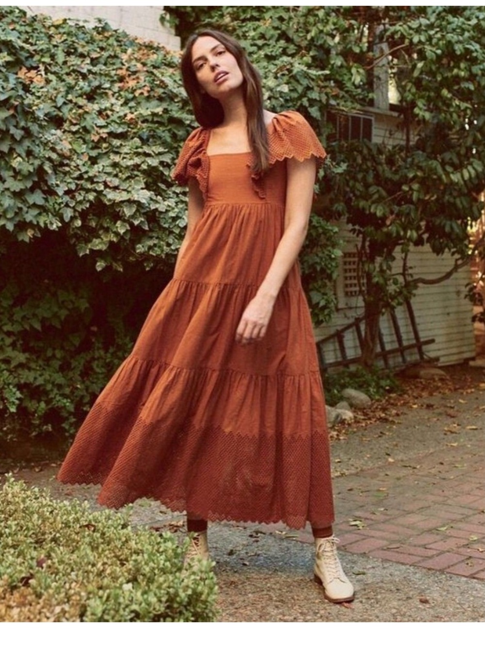 The Great Cotton Dress Size 0 Ruffled Off-the-Shoulder Midi Fall Brown Boho